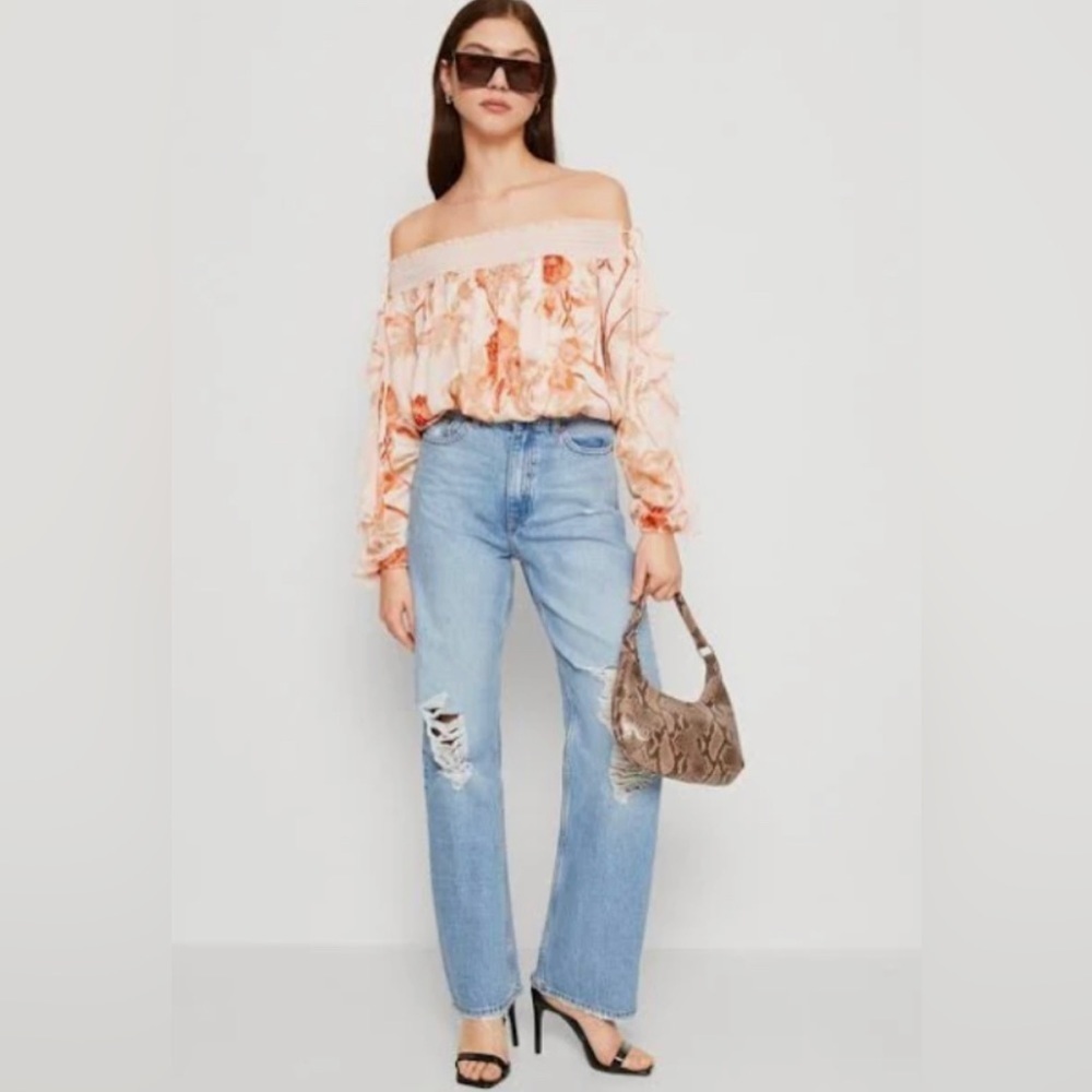 Free People Boho Satin Bodysuit Off The Shoulder Floral Peach Cream XL NWT